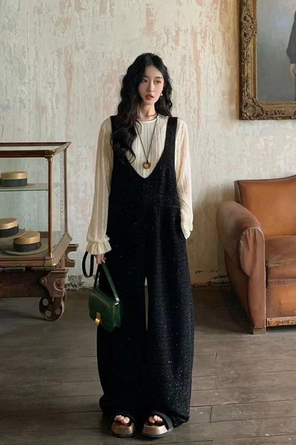 Spring and autumn black pants retro chanelstyle bib pants