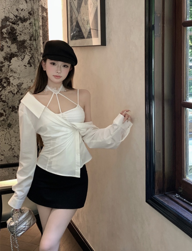 Flat shoulder long sleeve shirt enticement tops