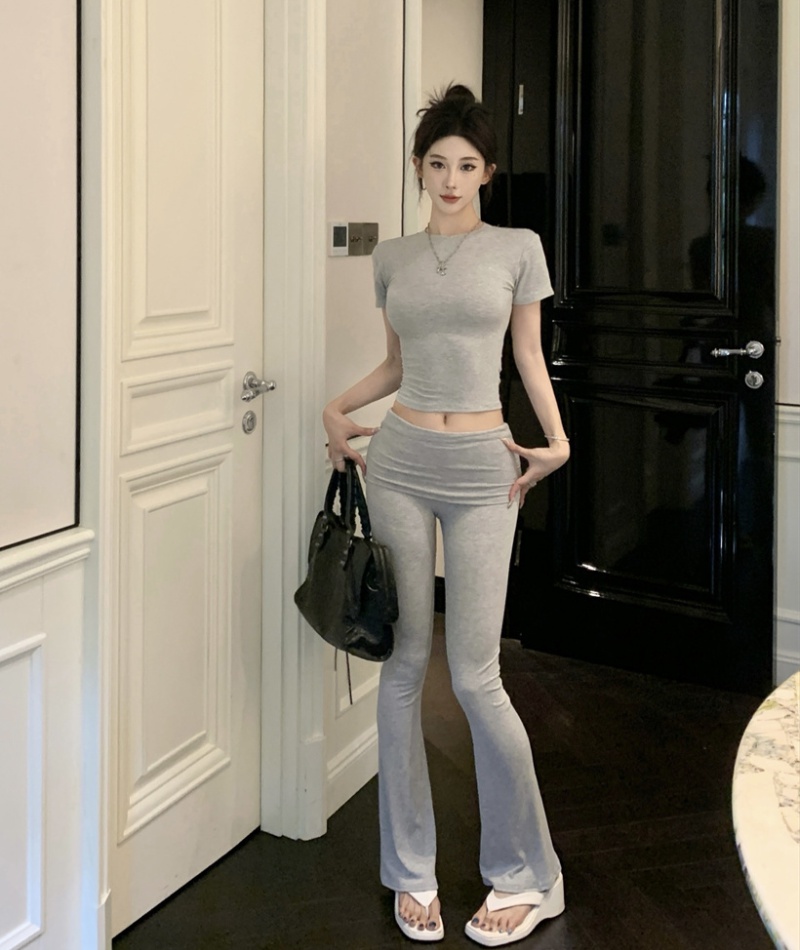 Short slim gray tops speaker Casual long pants 2pcs set