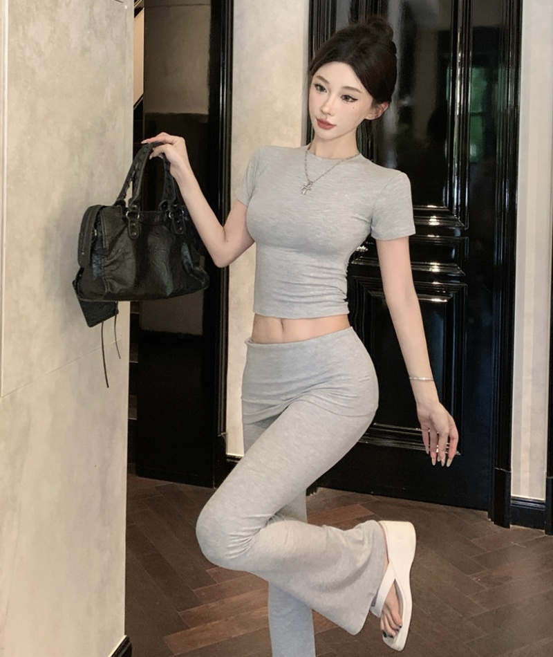 Short slim gray tops speaker Casual long pants 2pcs set