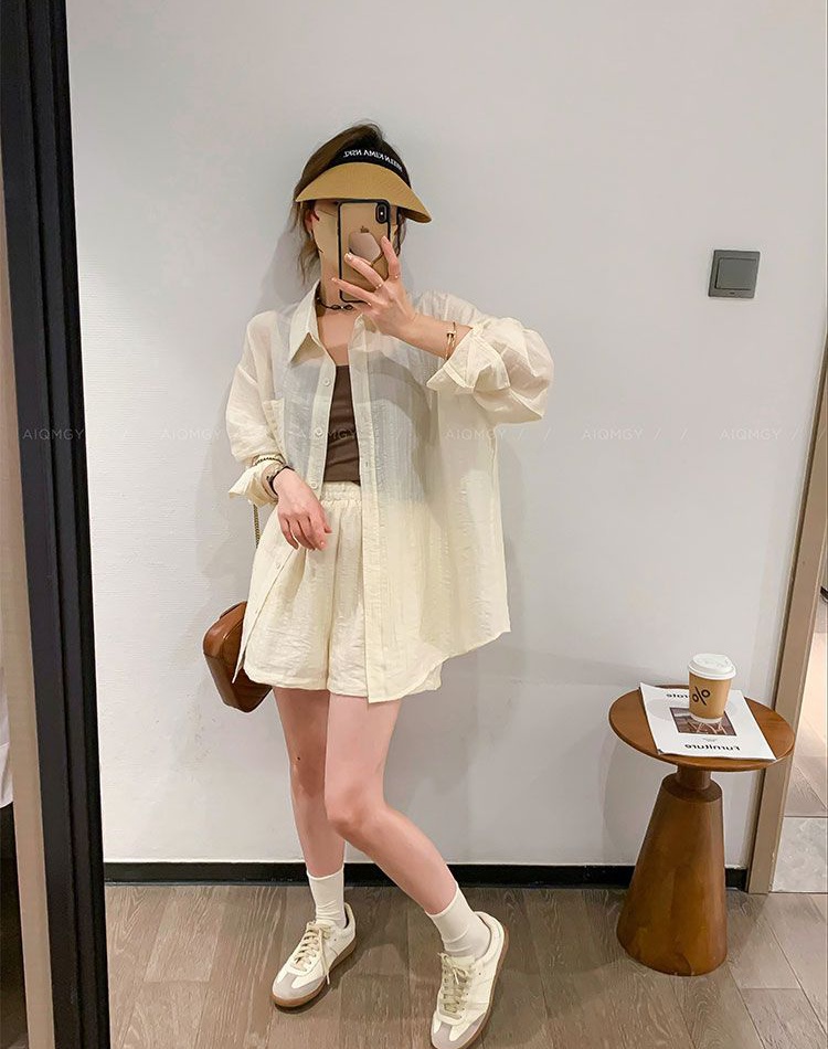 Thin wide leg shirt summer shorts 2pcs set for women