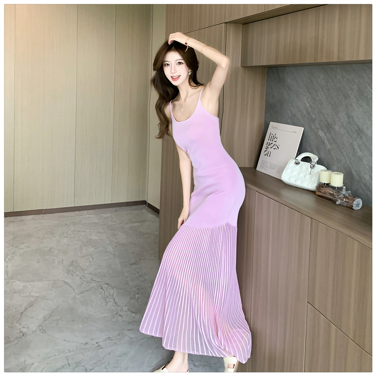 Summer long dress pinched waist dress for women