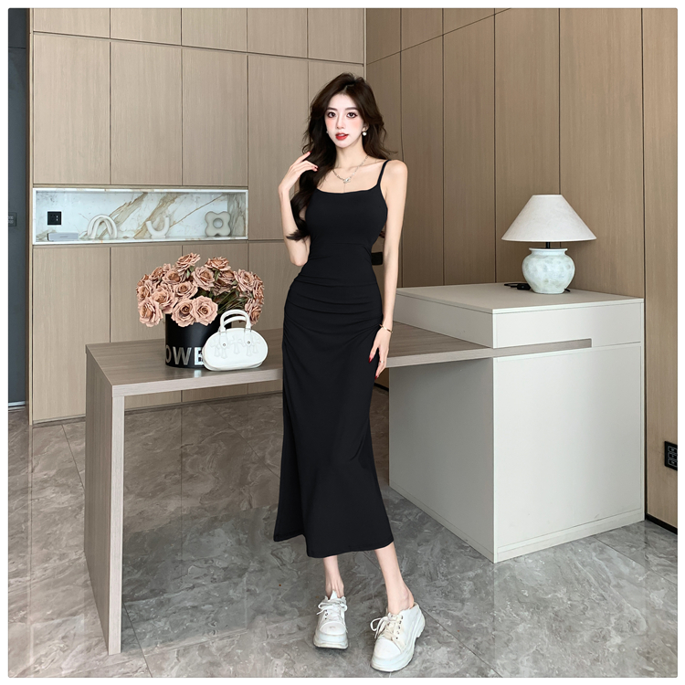 Temperament niche sling slim drawstring split dress for women