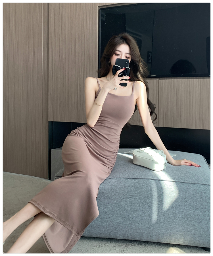 Temperament niche sling slim drawstring split dress for women