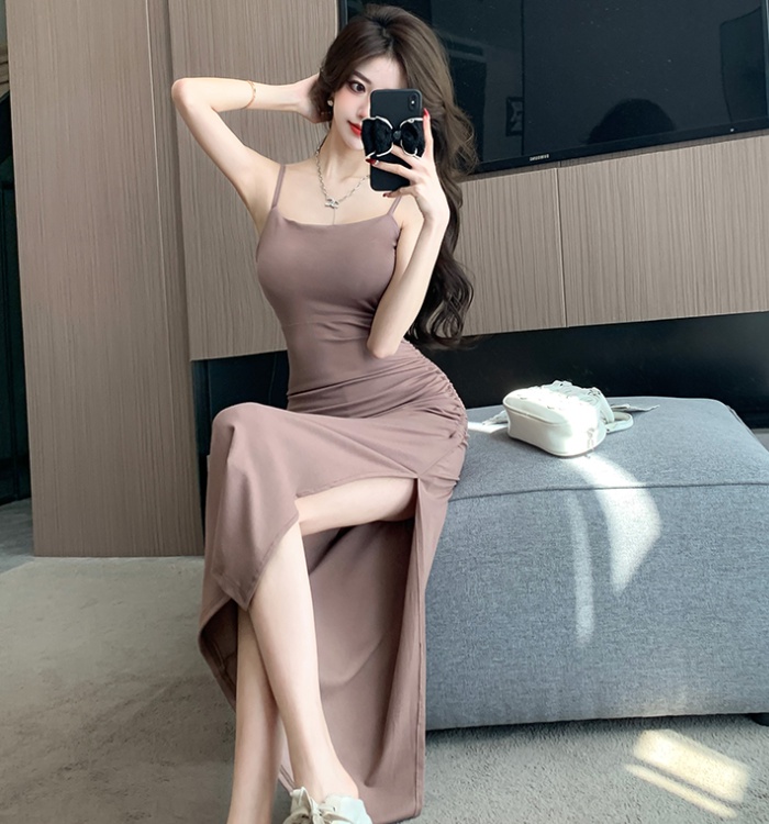 Temperament niche sling slim drawstring split dress for women