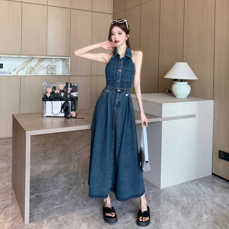 Retro denim shirt halter slim skirt 2pcs set