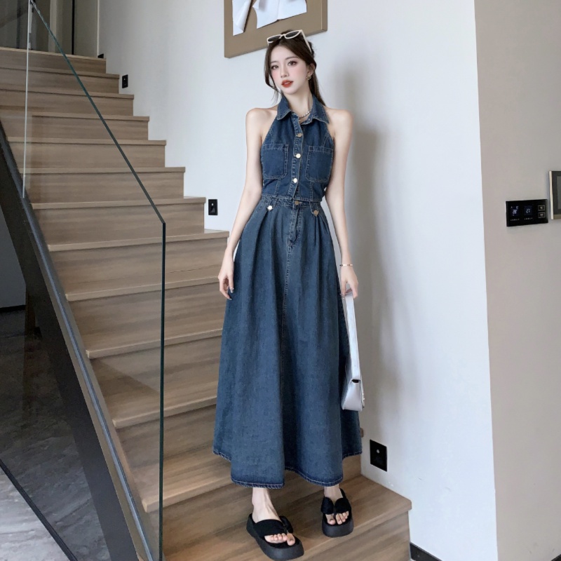 Retro denim shirt halter slim skirt 2pcs set