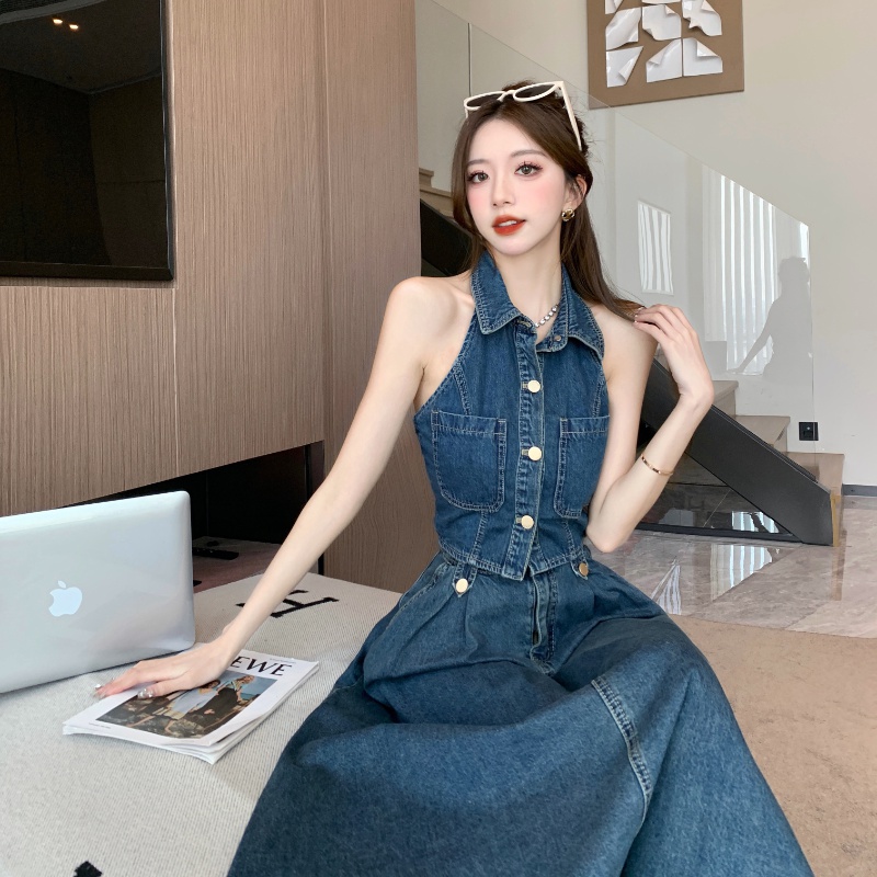 Retro denim shirt halter slim skirt 2pcs set