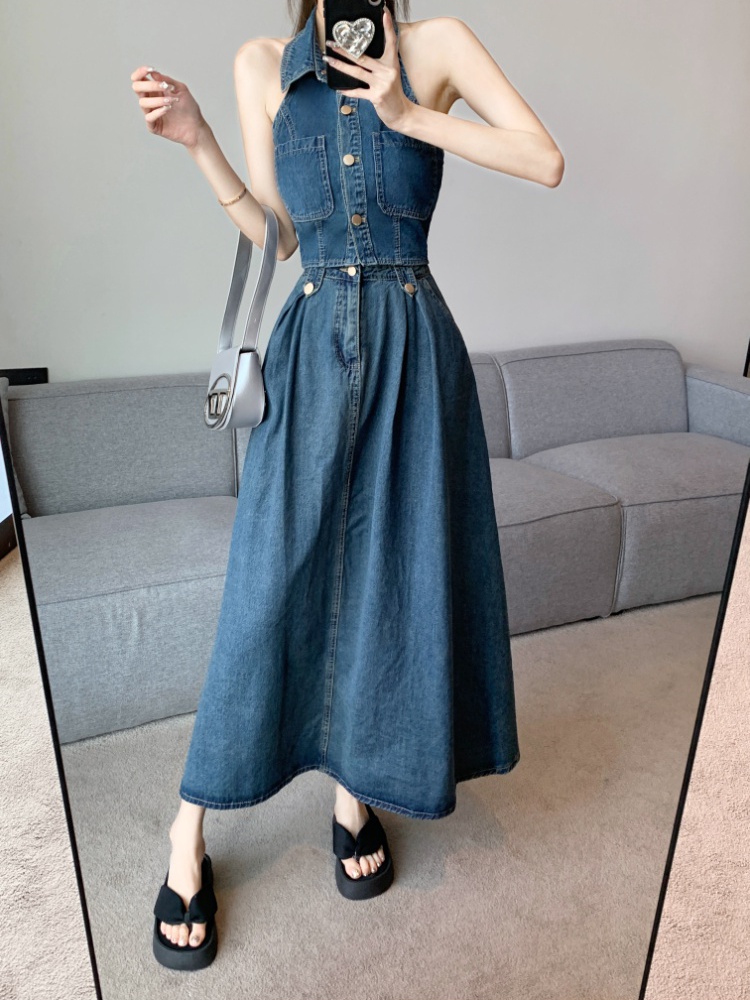 Retro denim shirt halter slim skirt 2pcs set