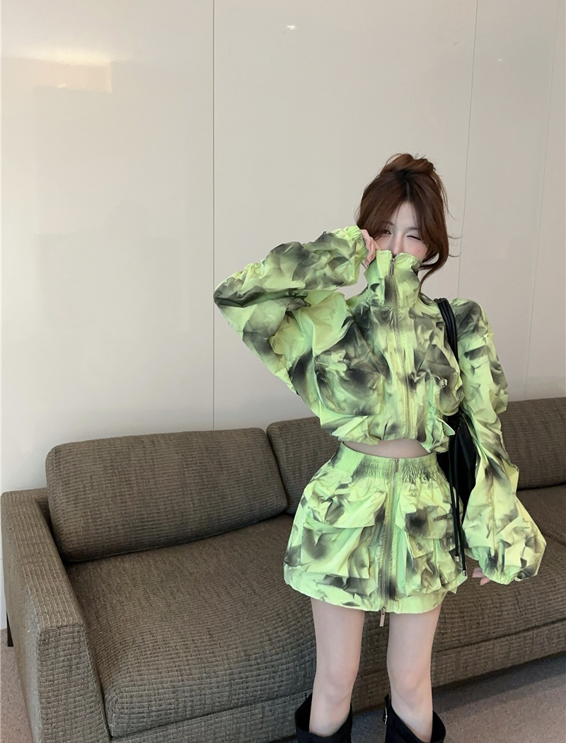 Retro short skirt large pockets coat a set for women