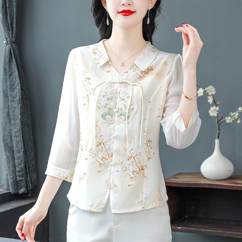 Chinese style chiffon tops retro embroidery shirt