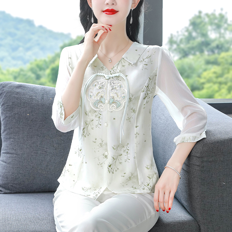 Chinese style chiffon tops retro embroidery shirt