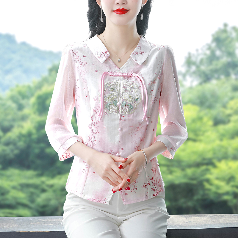 Chinese style chiffon tops retro embroidery shirt