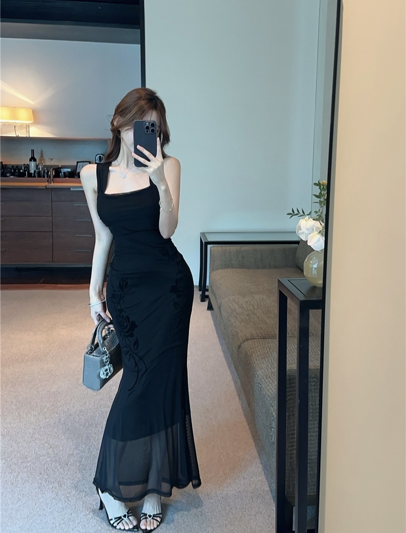 Gauze mermaid package hip flocking long dress for women