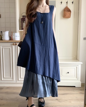 Pseudo-two spell yarn vest irregular hem long dress