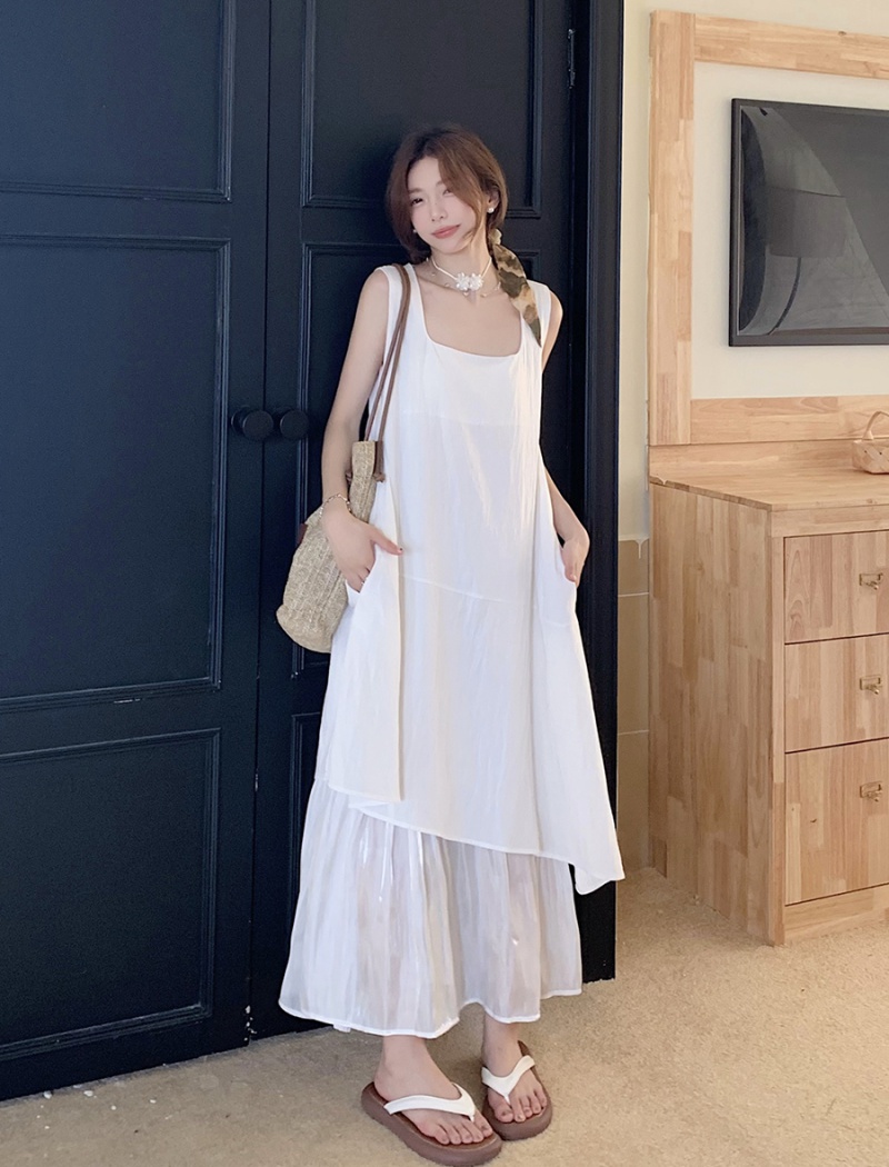 Pseudo-two spell yarn vest irregular hem long dress