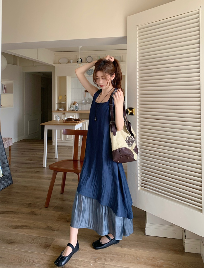 Pseudo-two spell yarn vest irregular hem long dress