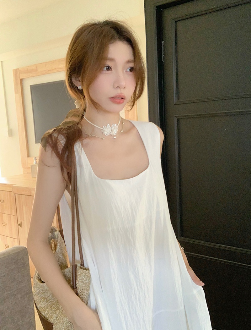 Pseudo-two spell yarn vest irregular hem long dress