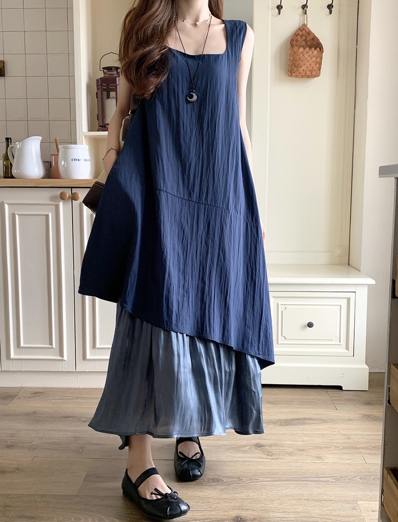 Pseudo-two spell yarn vest irregular hem long dress