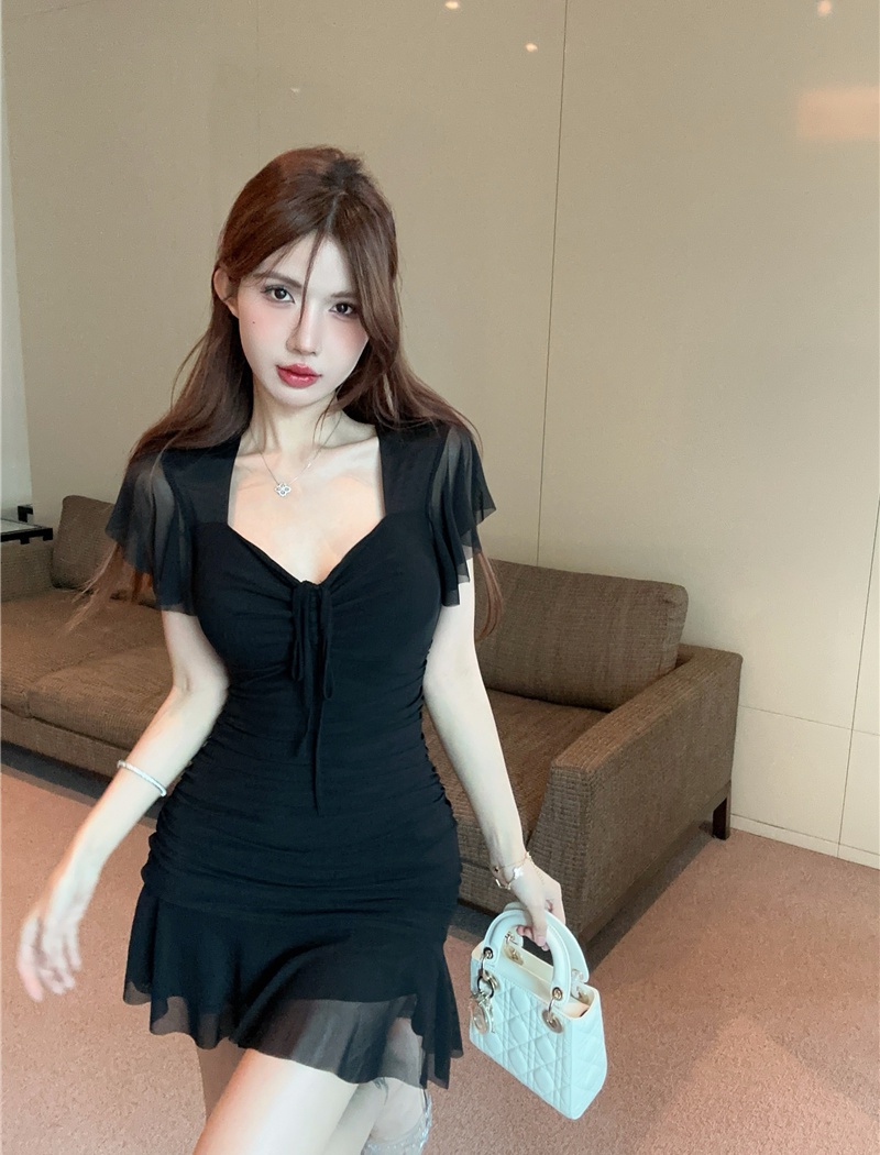 Boats sleeve gauze bottoming sexy dress for women