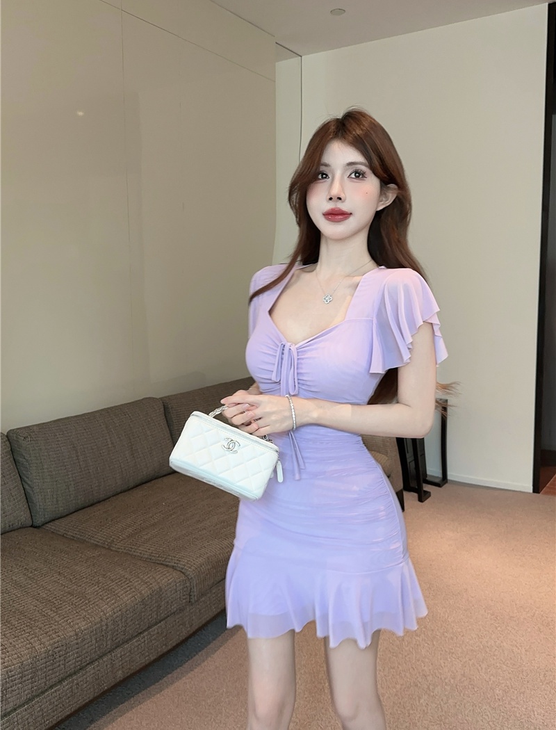 Boats sleeve gauze bottoming sexy dress for women