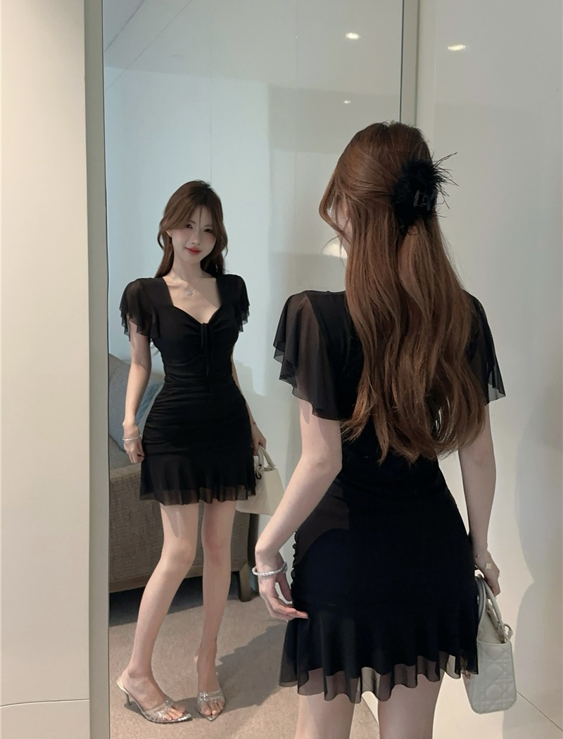 Boats sleeve gauze bottoming sexy dress for women