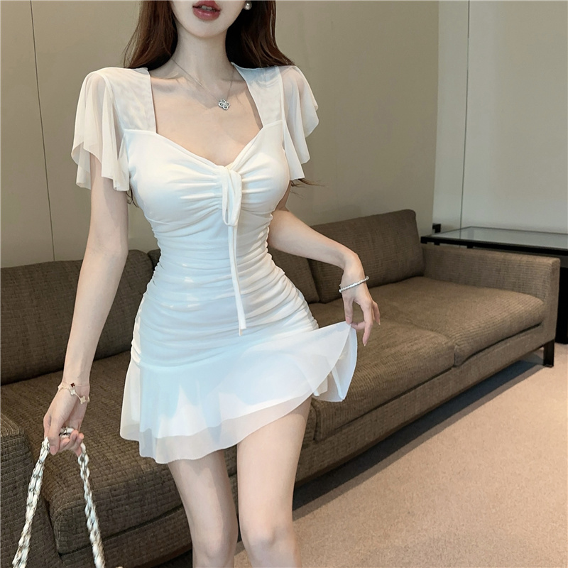 Boats sleeve gauze bottoming sexy dress for women