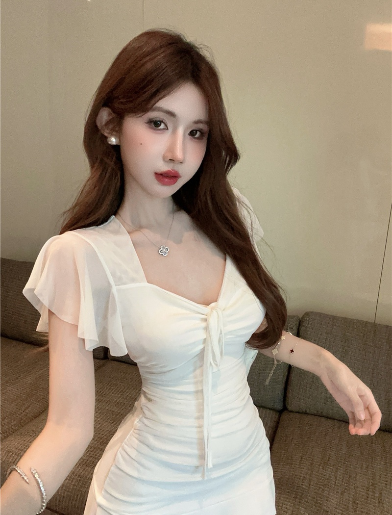 Boats sleeve gauze bottoming sexy dress for women