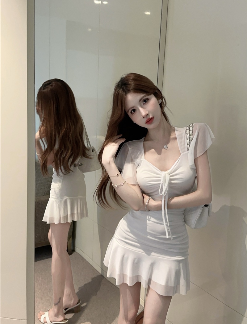 Boats sleeve gauze bottoming sexy dress for women