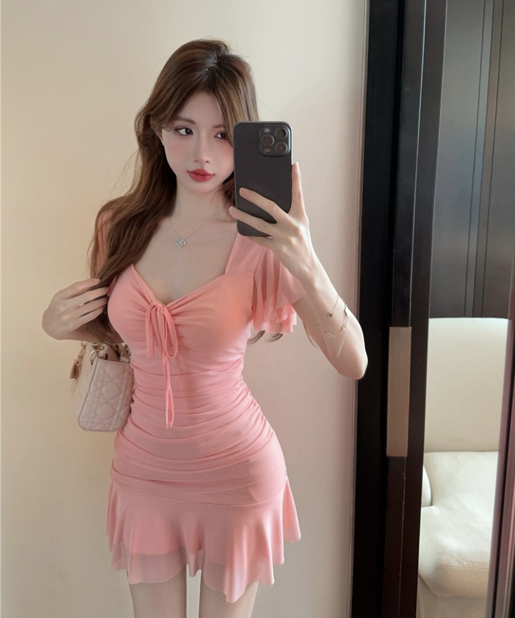 Boats sleeve gauze bottoming sexy dress for women