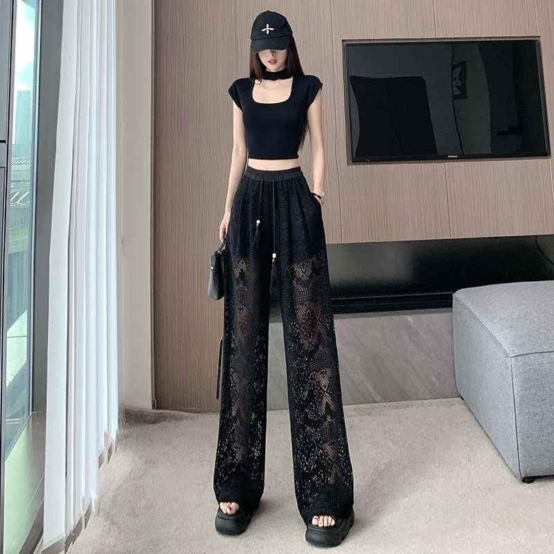 Elastic waist wide leg pants black long pants for women