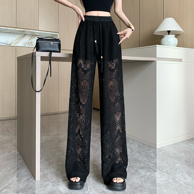 Elastic waist wide leg pants black long pants for women