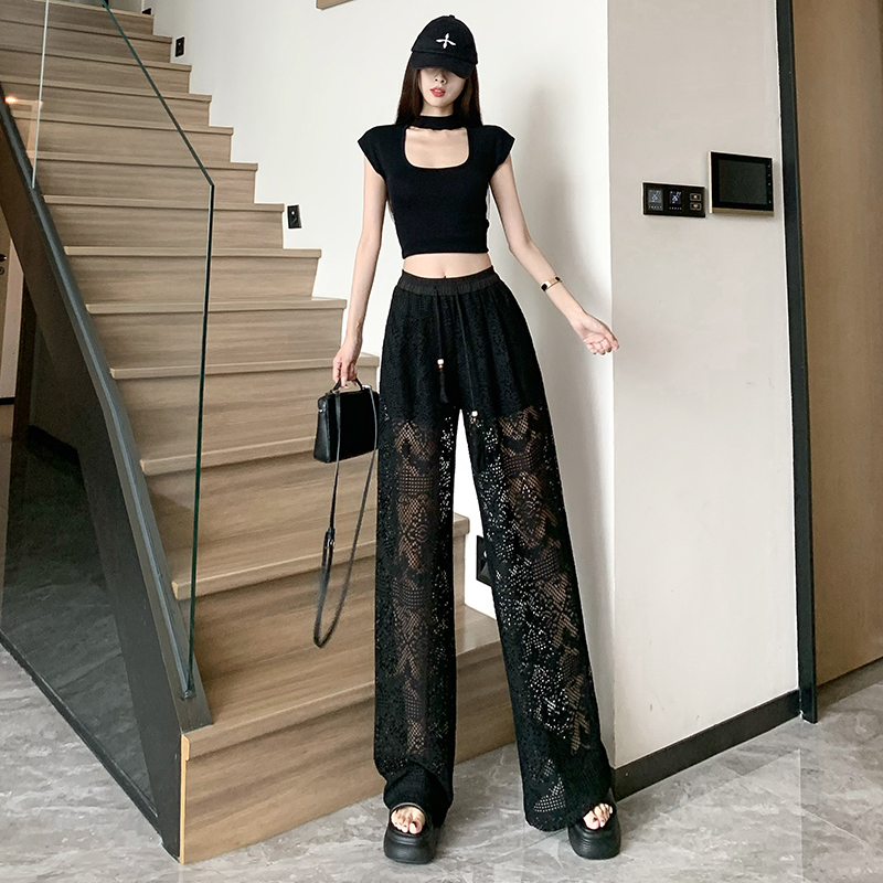 Elastic waist wide leg pants black long pants for women