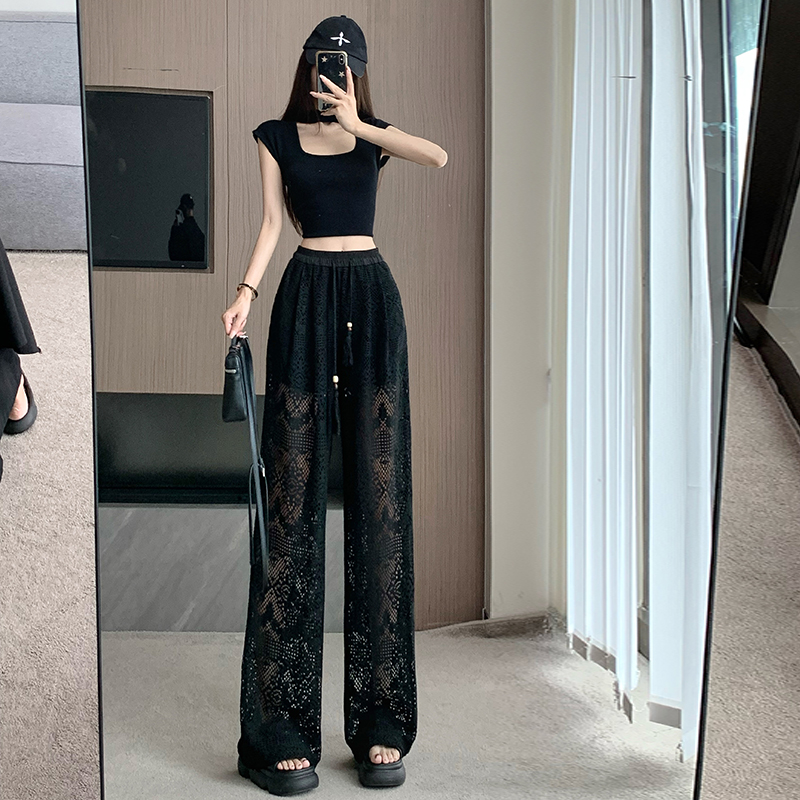 Elastic waist wide leg pants black long pants for women