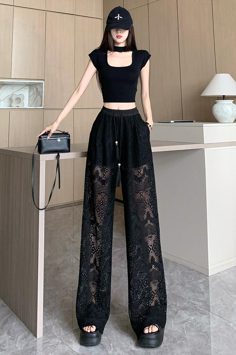 Elastic waist wide leg pants black long pants for women