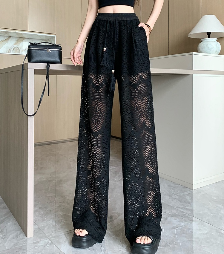 Elastic waist wide leg pants black long pants for women