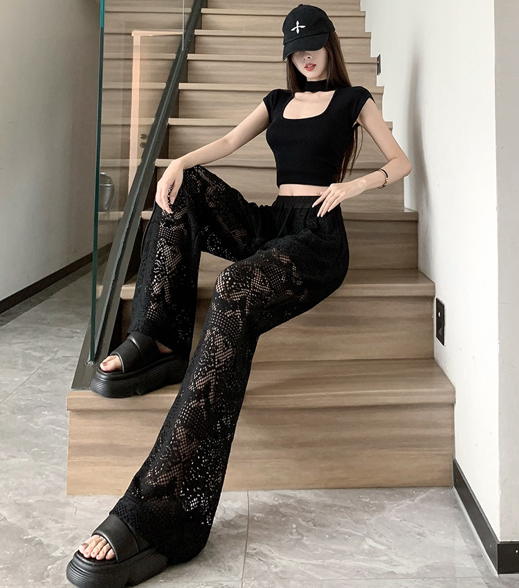 Elastic waist wide leg pants black long pants for women