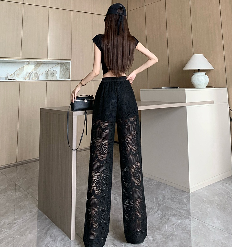 Elastic waist wide leg pants black long pants for women