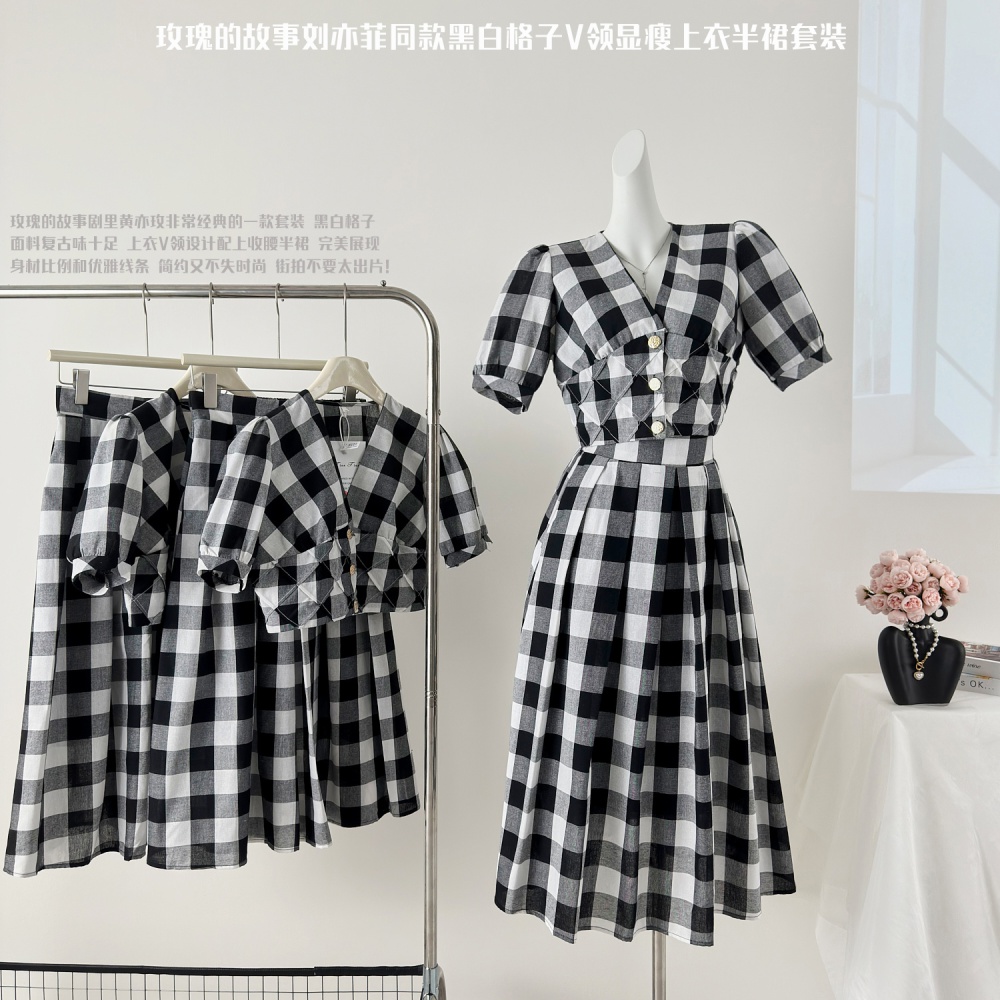 Pinched waist V-neck shirt short sleeve short skirt for women