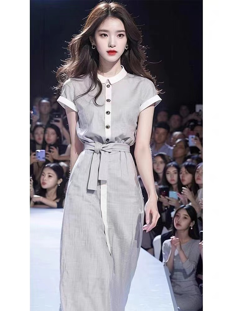 Small fellow cotton linen dress gray long dress