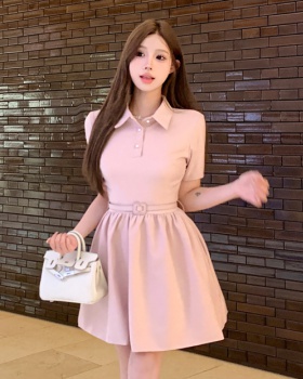 Doll pink short sleeve lapel summer dress