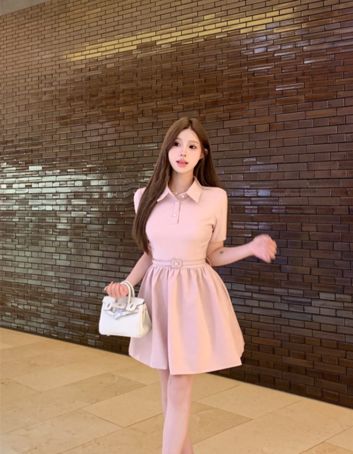 Doll pink short sleeve lapel summer dress