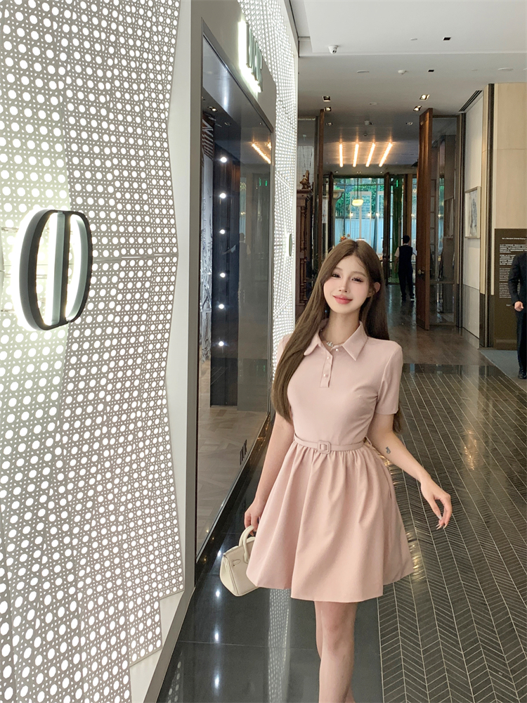 Doll pink short sleeve lapel summer dress