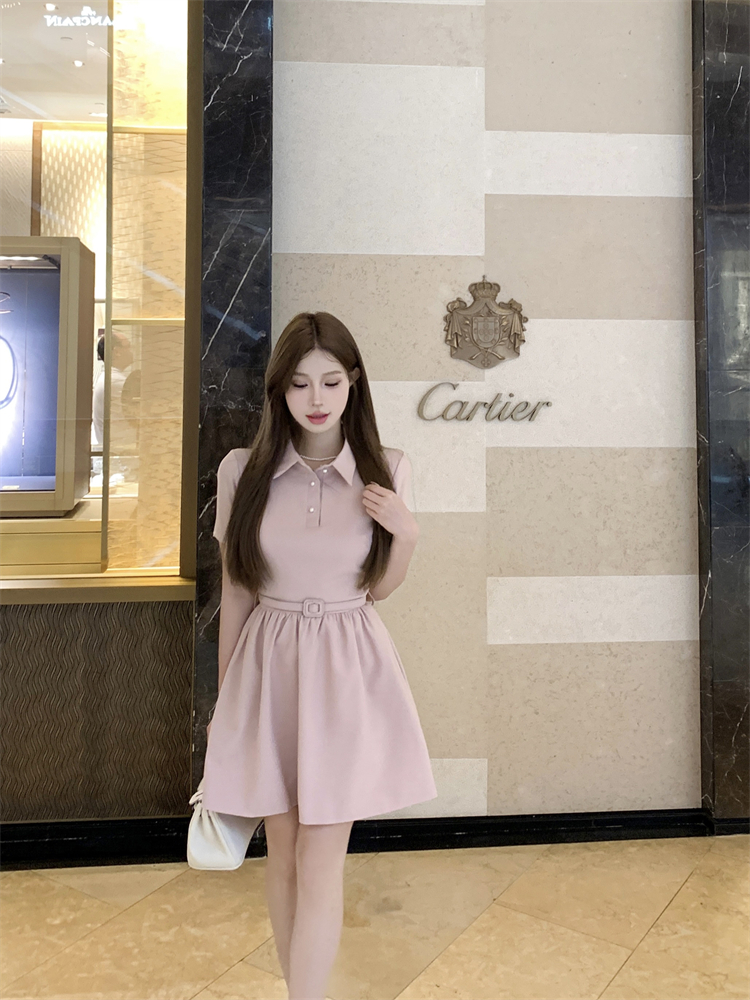 Doll pink short sleeve lapel summer dress