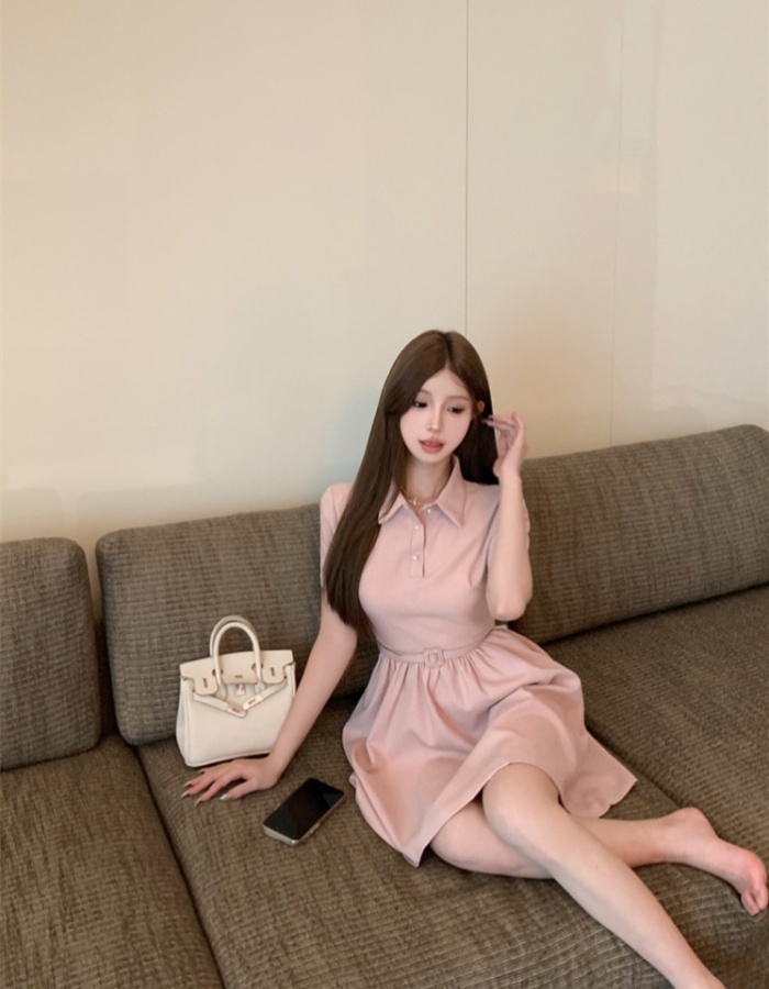 Doll pink short sleeve lapel summer dress