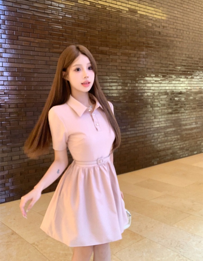 Doll pink short sleeve lapel summer dress