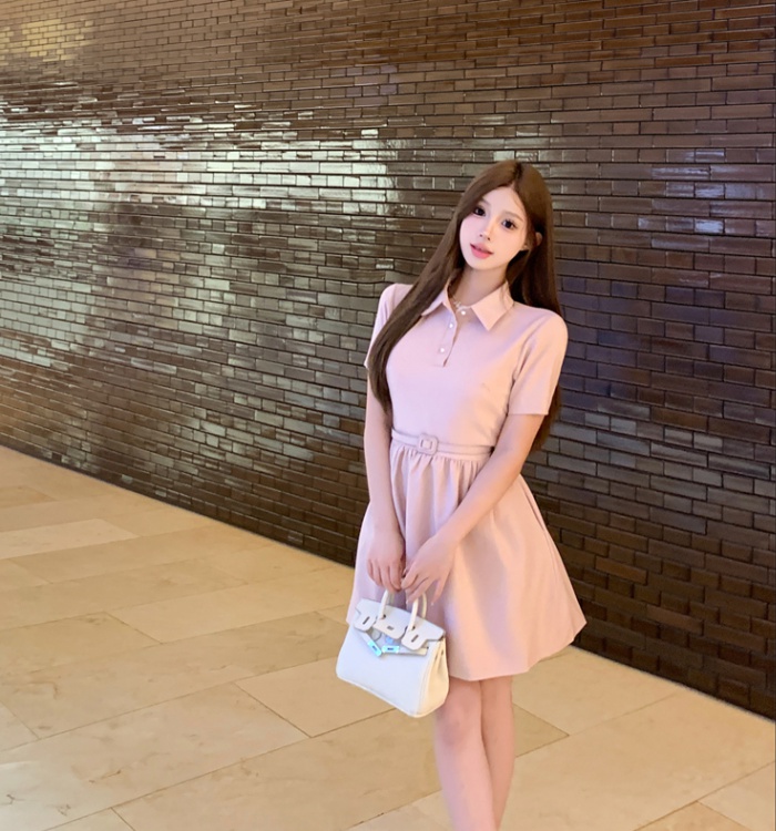 Doll pink short sleeve lapel summer dress