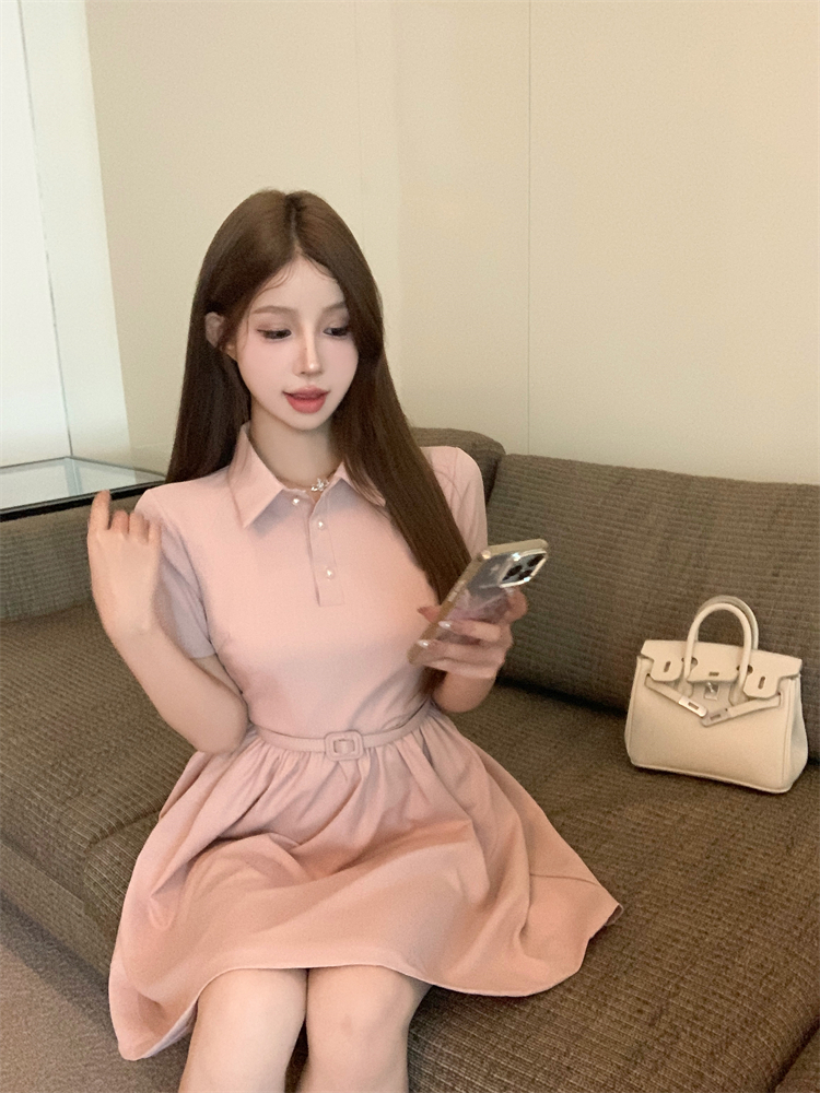 Doll pink short sleeve lapel summer dress