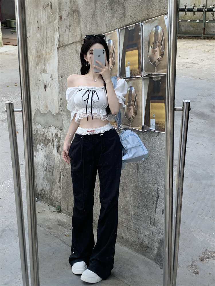 High waist lace short casual pants straight slim shirt