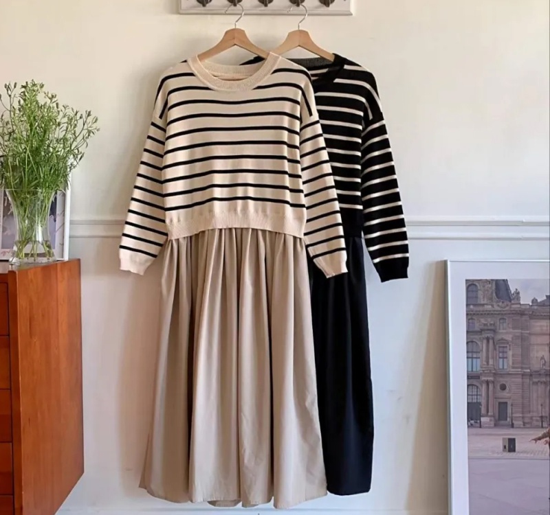 Stripe Pseudo-two fashionable fashion dress for women